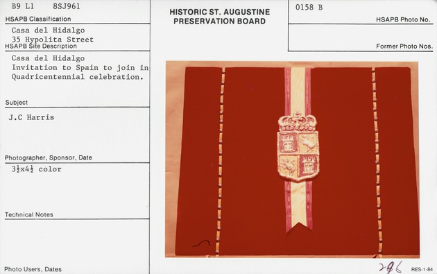 Exterior (outside of folder) of the letter inviting Spain to take part in the Quadricentennial Celebration in St. Augustine