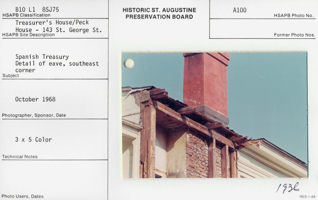 Detail of the eave on the southeast corner and Chimney #1 of the Peña-Peck House, looking Northwest