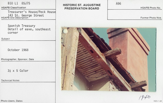 Detail of the exposed rafters on the eave (southeast corner) of the Peña-Peck House, looking Northwest