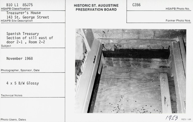 Section of the sill east of Door 2-1 in Room 2 on the second floor of the Peña-Peck House during restoration