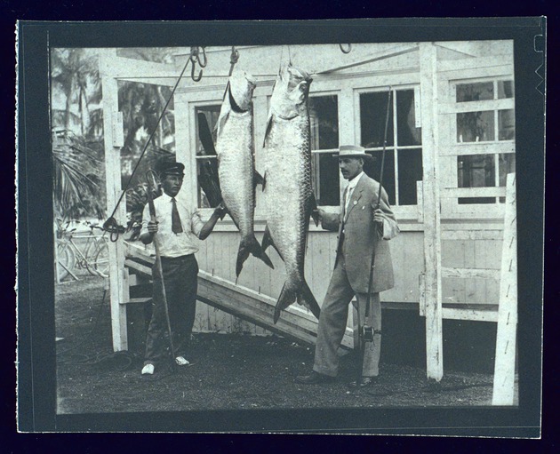 Fishing catches from Biscayne Bay and environs, circa 1900-1910. - 1. Charlie Thompson (left) and Fred Grakes with two tarpon, 1909.